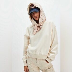 Free People Oversized Cream Sweatshirt Floral Hood XS Fits S M Cozy Cotton